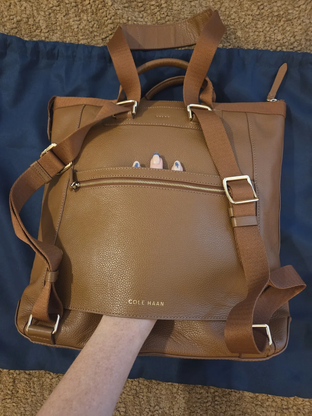 Cole Haan Grand Series Tan Pebbled Leather Convertible Backpack Tote